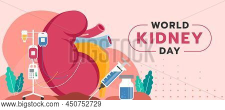 World Kidney Day - Give Blood And Saline To Kidney And Have A Syringe Along With The Vaccine Vector 