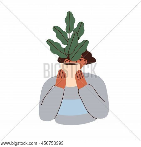 Woman Holding Green-leaf House Plant In Pot. Female Hiding Face Behind Foliage In Flowerpot. Botanis