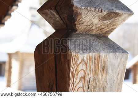 A Wooden Figured Pillar Is Part Of An Old House, Architecture.