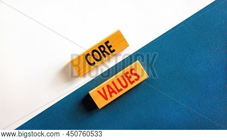 Core Values Symbol. Concept Words Core Values On Wooden Blocks On A Beautiful Blue Table White Backg