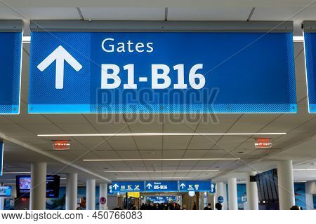 International Airport Sign Gates B1- B16 In Interior Air Terminal