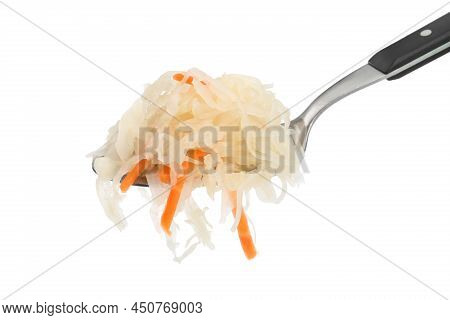 Spoon Of Tasty Fermented Cabbage With Carrot On White Background