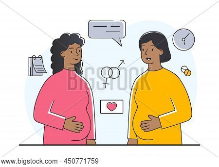 Beautiful Pregnacy Concept. Two Girls Talking To Each Other, Expectant Mothers In Hospital. Waiting 