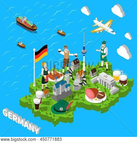 Germany Isometric Cultural Sightseeing Map For Tourists With Traditional National Cuisine And Landma