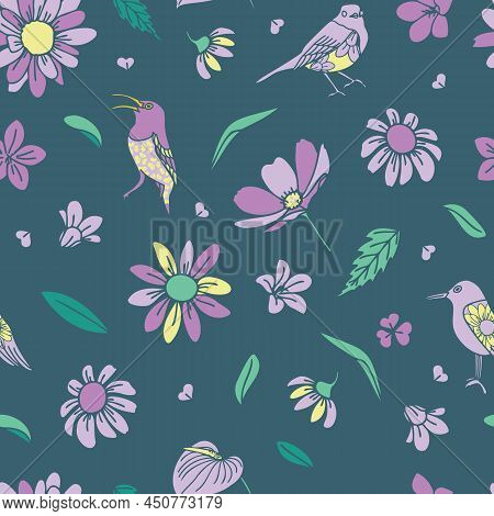 Seamless Pattern Green Purple Summer Birds With Flower And Leave Design