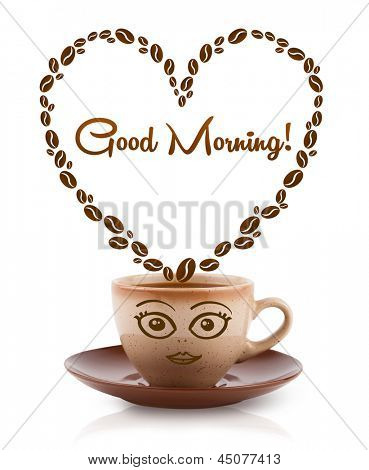 Tazza di caffè con caffè in grani a forma di cuore con Buongiorno firmare, isolated on white