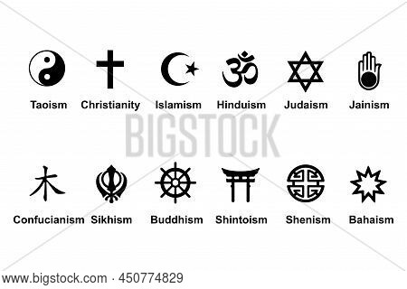 Collection Of The Most Relevant Religious Symbols In The World In Black With An Isolated White Backg