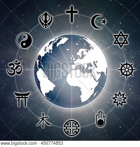Representation Of A Globe With The Most Representative Religious Symbols And Background Of The Unive