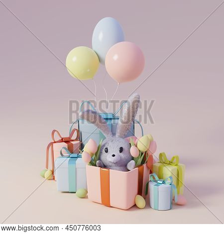 Easter Gift Boxes, Eggs And Tulips. Rubbit Sitting In Box. Spring Easter Background. 3d Render