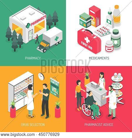 Pharmacy Isometric 4 Icons Square With Druggist Advise On Prescribed Medication And Ambulance Servic