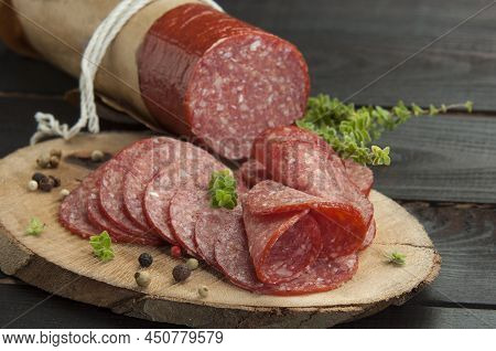 Italian Type Pork Salami On A Dark Set