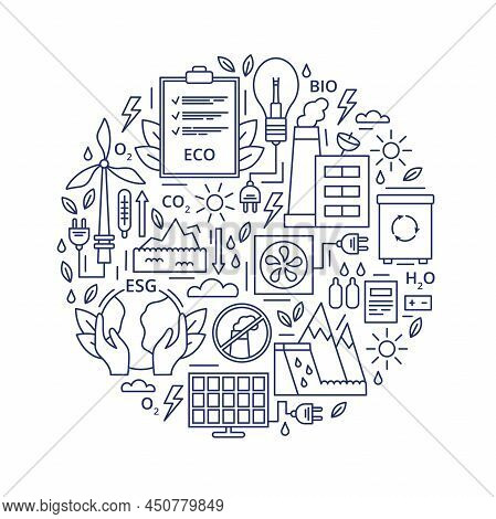 Set Of Esg, Eco, Bio Icons. Esg Environmental Criteria, Icons Placed In The Form Of A Circle. Vector