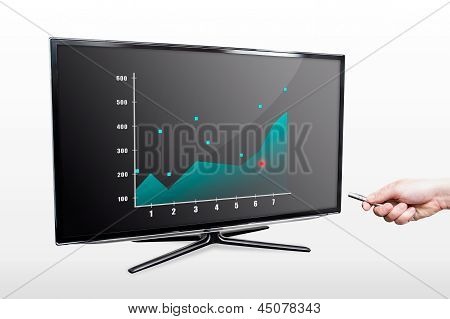 Hombre mostrando material gráfico con puntero láser en la pantalla de la Tv