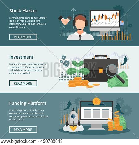 Investment And Trading Horizontal Banners Set With Stock Market Funding Platform And Financial Manag