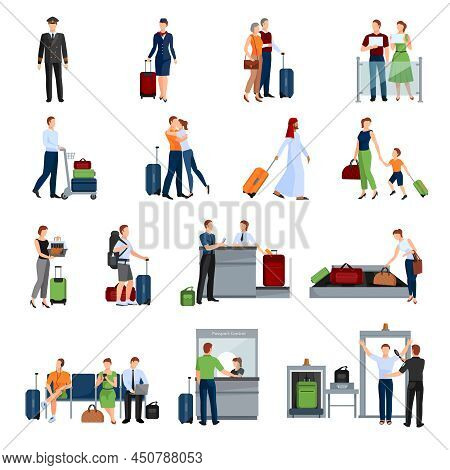 People In Airport Flat Color Icons Set Of Pilot Stewardess Tourists With Travel Bags At Checkpoint A