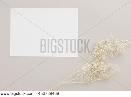 Blank Greeting Card Invitation Mockup 5x7 On Brown Envelope With Dried Flowers On Beige Background, 