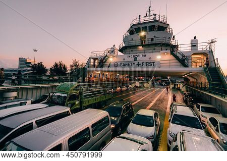 Labuan,malaysia-may 7,2016:view Inside Of The Ro Ro Ferry Ship With Vehicles At Labuan,malaysia. Tra