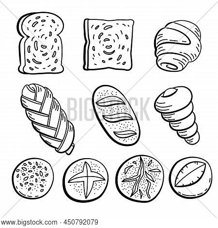Black Doodle Bread Set And Croissant, Vector
