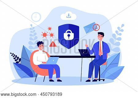 People Protecting Data Privacy From Viruses And Phishing. Tiny Persons Sitting With Laptops Flat Vec