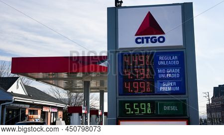 NORWALK, CT, USA - MARCH 11, 2022: Citgo gas station price sign near Post road and I -95 view in nice sunny day with blue sky