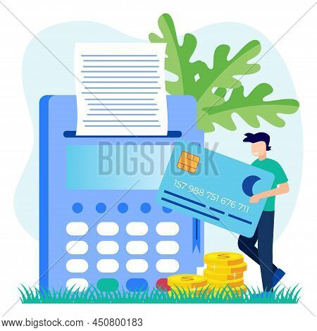 Vector Illustration Of Modern Style Payment Transaction Process Concept. Merchant And Customer Bank 
