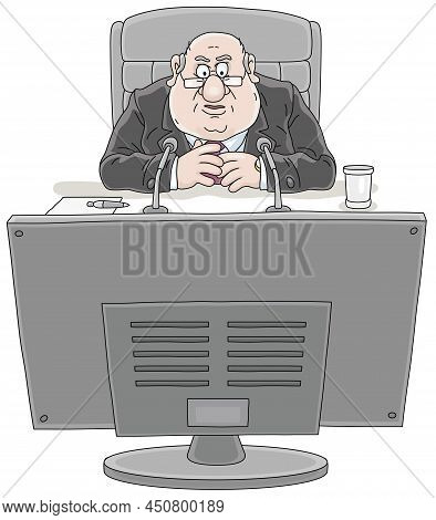 Angry Fat Government Official At An Online Conference, Sitting At A Desk In Front Of A Computer Moni