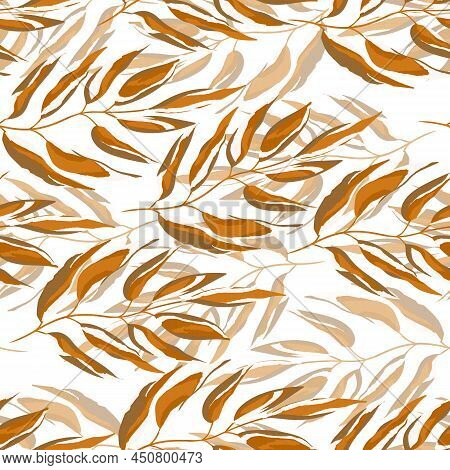 Beige And White Seamless Pattern With Sprigs. Vector Stock Illustration For Fabric, Textile, Wallpap