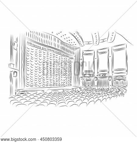Scene In A Movie Theater Or Theater With A Curtain. Pencil Drawing.