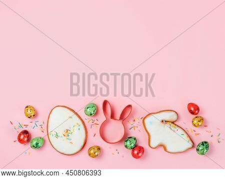 Easter Cooking Baking Concept. Easter Cookie Cutter On Pink Pastel Background. Happy Easter Day Conc