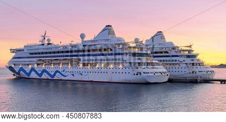 2 Cruises Ships Waiting In Tallinn Harbour For A Return Sail Date Ships. Sunset Time In Harbour. Lux