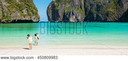 Beautiful Scenery Of Maya Bay Beach On Phi Phi Island, Krabi, Thailand. Landmark, Destination Southe