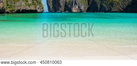 Beautiful Scenery Of Maya Bay Beach On Phi Phi Island, Krabi, Thailand. Landmark, Destination Southe