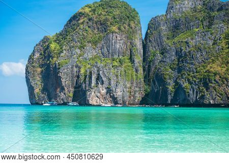 Beautiful Scenery Of Maya Bay Beach On Phi Phi Island, Krabi, Thailand. Landmark, Destination Southe