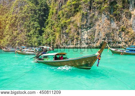 Long Tail Boat At Pileh Lagoon On Phi Phi Island, Krabi, Thailand. Landmark, Destination Southeast A