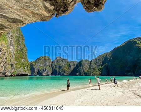Beautiful Scenery Of Maya Bay Beach On Phi Phi Island, Krabi, Thailand. Landmark, Destination Southe
