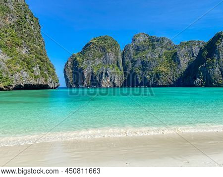 Beautiful Scenery Of Maya Bay Beach On Phi Phi Island, Krabi, Thailand. Landmark, Destination Southe