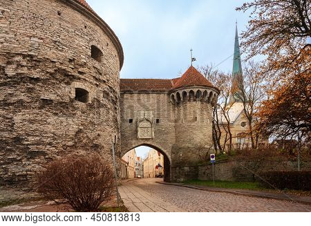 Great Coastal Gate, Fat Margaret's Tower And Pikk Street In Old Tallinn, Estonia