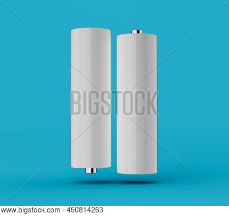 Aa Size Battery Upside Down Isolated On Blue Background Blank Rechargeable Battery Aa Or Aaa Size 3d