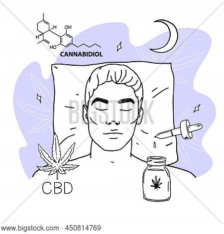 Cbd For Healthy Night Sleep Concept. Man Sleeping With Medicinal Preparation Of Cannabidiol. Medicin