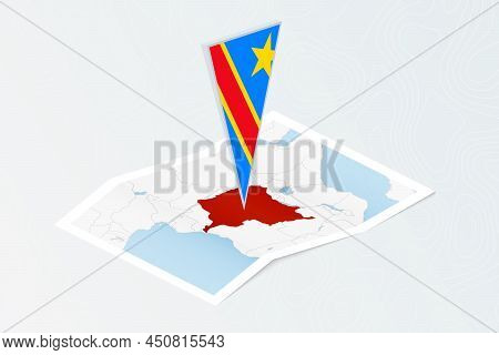 Isometric Paper Map Of Dr Congo With Triangular Flag Of Dr Congo In Isometric Style. Map On Topograp