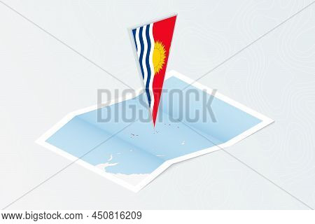 Isometric Paper Map Of Kiribati With Triangular Flag Of Kiribati In Isometric Style. Map On Topograp