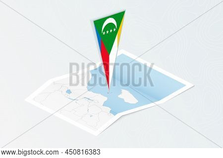 Isometric Paper Map Of Comoros With Triangular Flag Of Comoros In Isometric Style. Map On Topographi