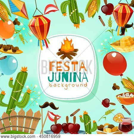 Festa Junina Cartoon Background With Decorative Frame Consisting Of Traditional Celebration Symbols 
