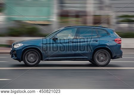 Bmw X3 Xdrive 30d M Sport Car Driving On The Speedway On High Speed. Third Generation Suv G01 In Mot