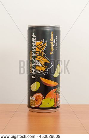 Pruszcz Gdanski, Poland - January 5, 2022: Crazy Wolf Tropical Guave Taste Energy Drink.