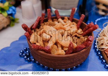 Slicing Different Types Of Meat. Meat Snacks On The Table. Wedding Buffet. Catering