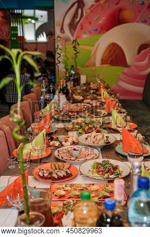 Slicing Different Types Of Meat. Meat Snacks On The Table. Wedding Buffet. Catering