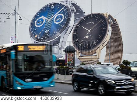 Bucharest, Romania - February 23, 2022: An Advertisement For Huawei Watch Gt 3 Is Displayed On A Ver
