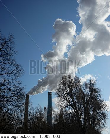 Bucharest, Romania - March 10, 2022: The Chimneys Of The Cet Sud Power Plant, Which Pollute With Smo