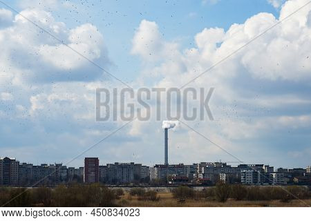 Bucharest, Romania - March 10, 2022: Chimney Of Cet Progresul Power Plant, Pollute With Smoke From T